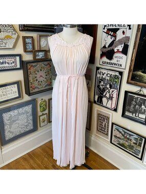 Vintage Shadowline Pink Nylon Sleeveless Nightgown with Lace Trim and Belt M